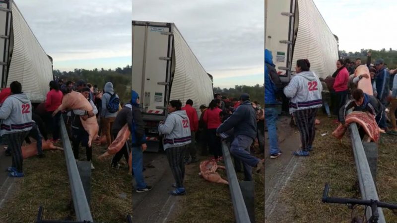 Volcó un camión con carne de cerdo en Santa Fe y los vecinos se llevaron la mercadería
