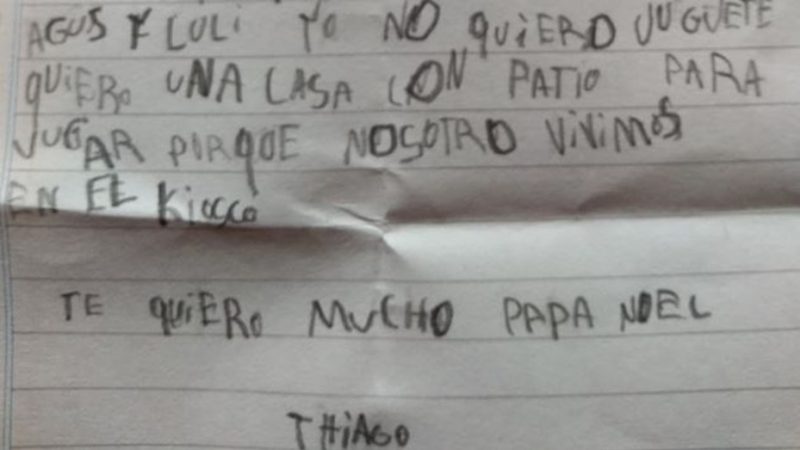 Conmovedor pedido a Papá Noel: “No quiero un juguete, necesito una casa”