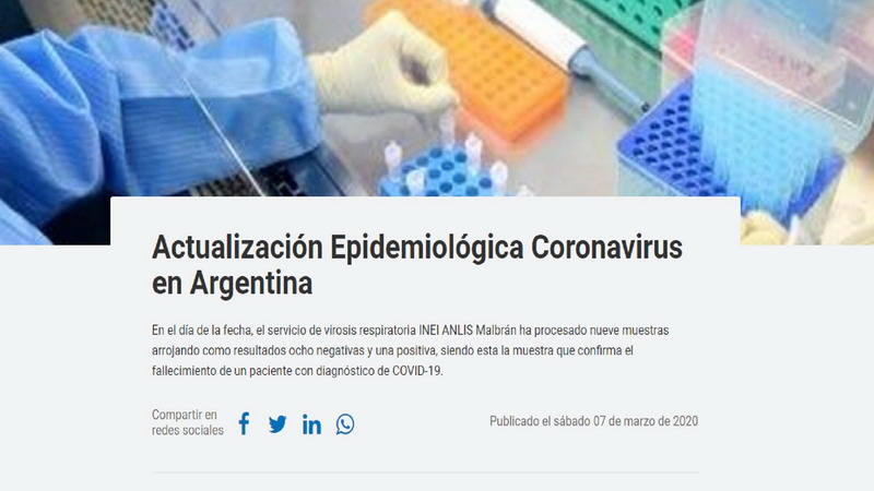Comunicado oficial sobre la primera muerte por coronavirus