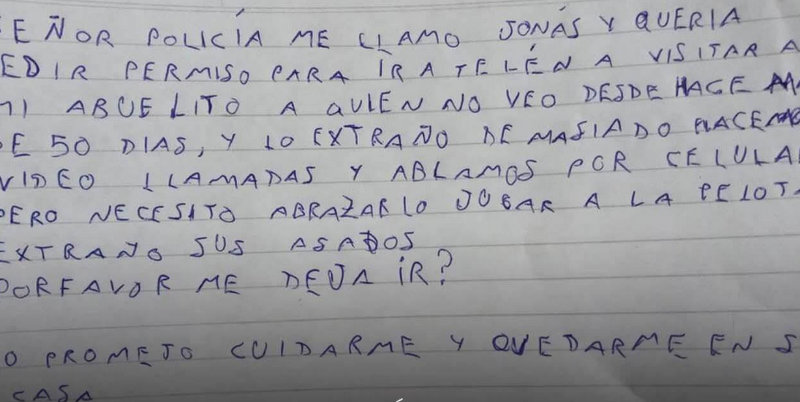 La tierna carta que un nene le escribió a un policía para que lo deje viajar a ver a su abuelo