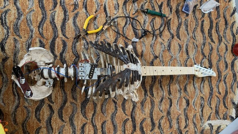 Rockero a morir: usó el esqueleto de su tío muerto para armar una guitarra eléctrica