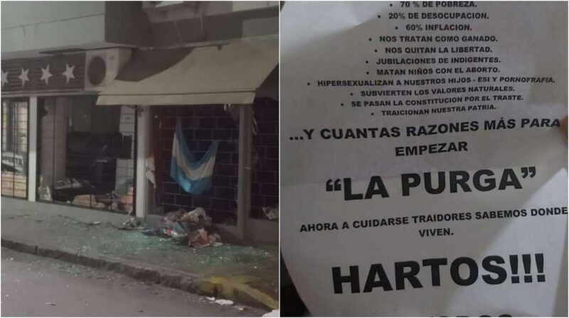 Atacaron con explosivos una sede de La Cámpora en Bahía Blanca y lanzaron panfletos: “Cuántas razones para empezar la purga”