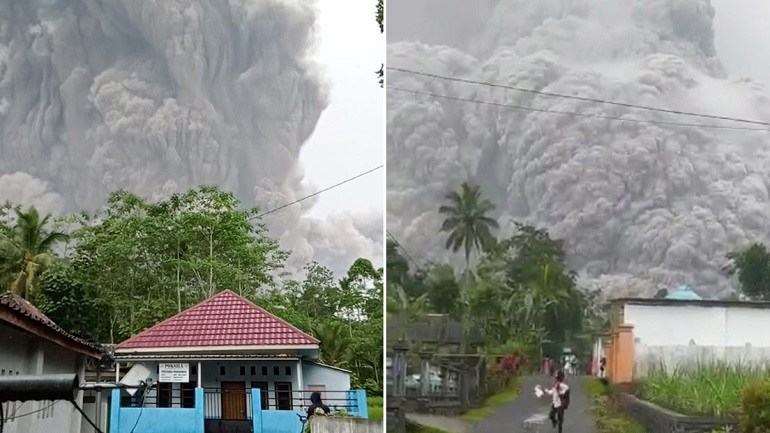 VIDEOS: Un volcán entra en erupción en Indonesia y los residentes huyen en pánico mientras a sus espaldas avanza una enorme nube de humo y cenizas