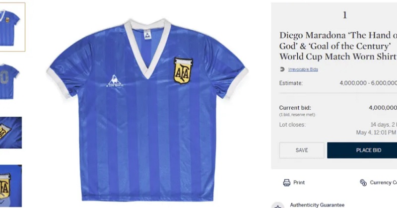 La subasta de la camiseta de Maradona contra Inglaterra está por terminar con una única oferta