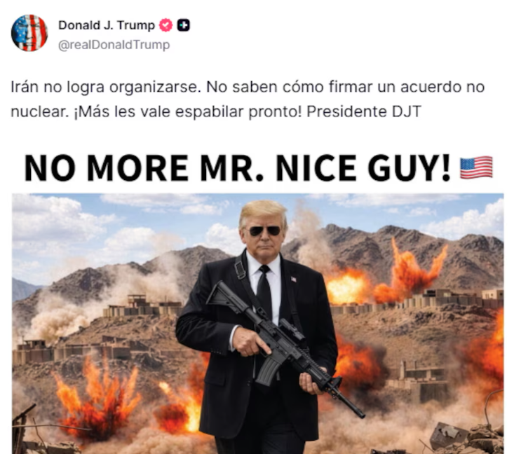 Trump publicó una imagen en la que aparece armado y advirtió a Irán: “¡Más les vale espabilar pronto!”